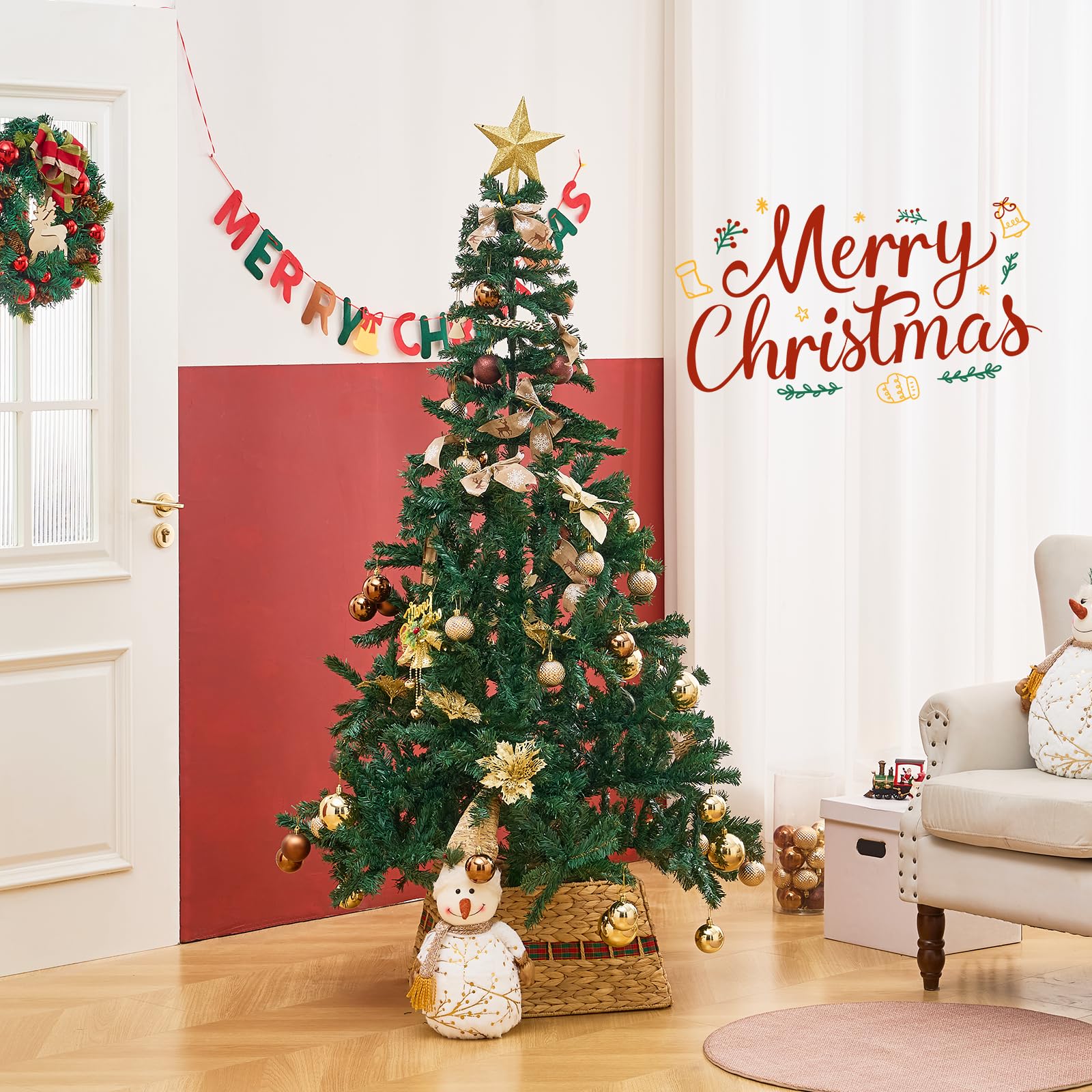 Handcrafted woven hyacinth Christmas tree skirt displayed under a decorated tree in a festive living room, enhancing seasonal decor.