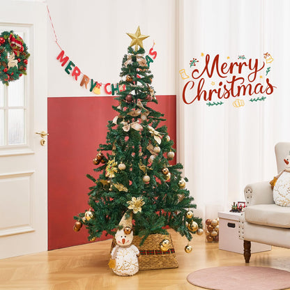 Handcrafted woven hyacinth Christmas tree skirt displayed under a decorated tree in a festive living room, enhancing seasonal decor.