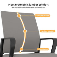 Ergonomic chair with highlighted lumbar support and shoulder stretch features on a white background.