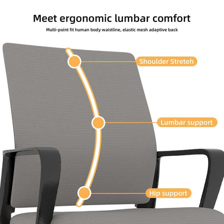 Ergonomic chair with highlighted lumbar support and shoulder stretch features on a white background.