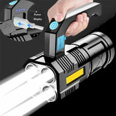 Bright USB Rechargeable Handheld LED Flashlight with 4 LED beams and side COB light, ideal for outdoor adventures and emergencies.
