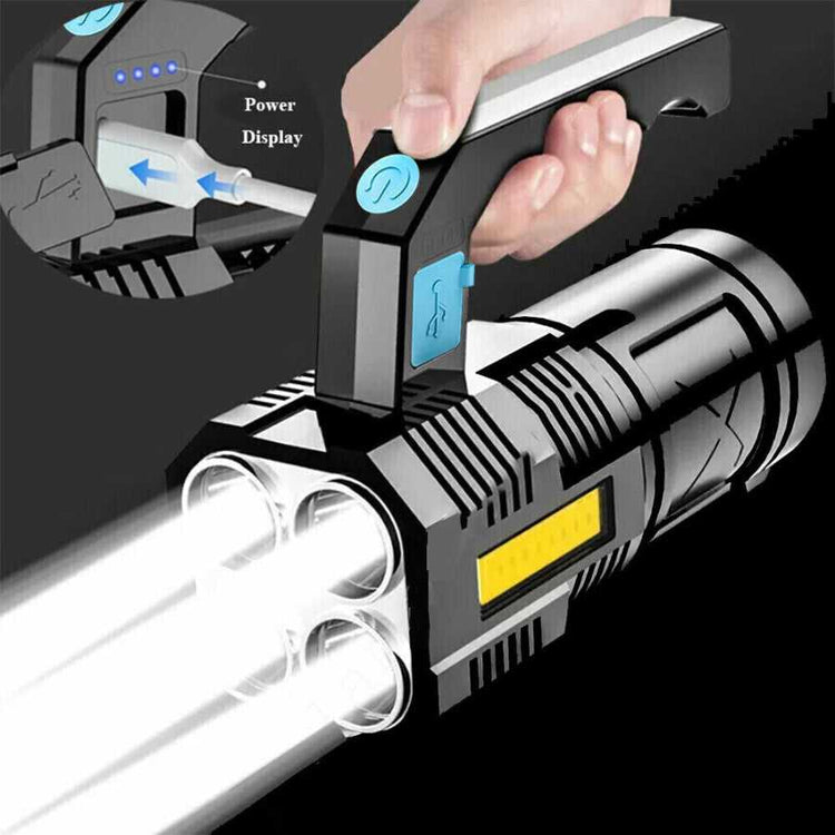 Bright USB Rechargeable Handheld LED Flashlight with 4 LED beams and side COB light, ideal for outdoor adventures and emergencies.