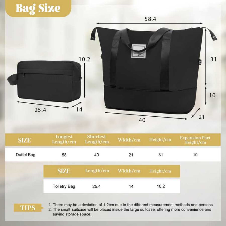 Black duffel bag and toiletry bag with measurements on a white background