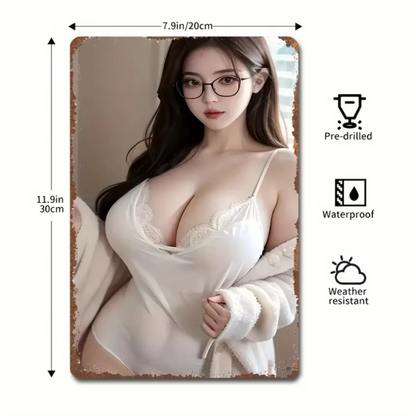 Decorative aluminum wall sign with a woman in white lingerie, shown with dimensions 11.9in x 7.9in. Waterproof and weather-resistant for versatile use.