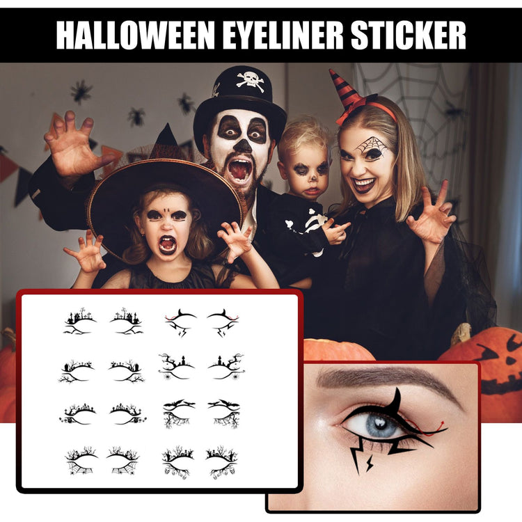 Halloween-themed eyeliner stickers with people wearing Halloween makeup and costumes.