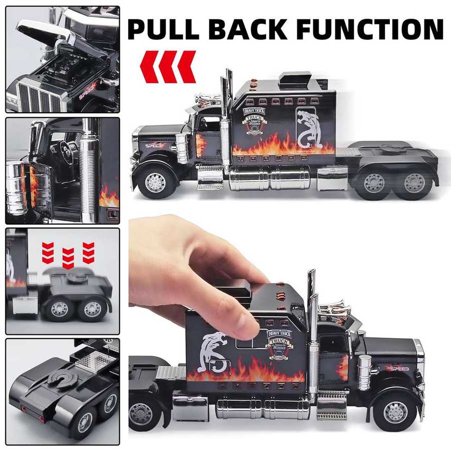 Toy truck with pull back function, detailed design, and flame pattern.