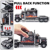 Toy truck with pull back function, detailed design, and flame pattern.