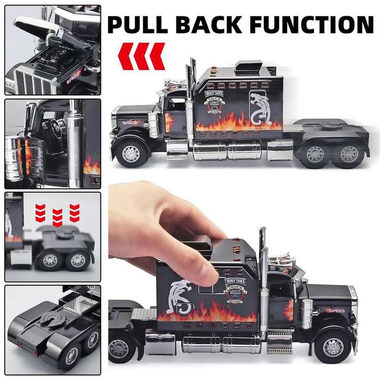 Toy truck with pull back function, detailed design, and flame pattern.