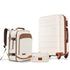 A three-piece luggage set including a hardshell suitcase, a backpack, and a small pouch, all in cream with brown accents, shown on a white background.