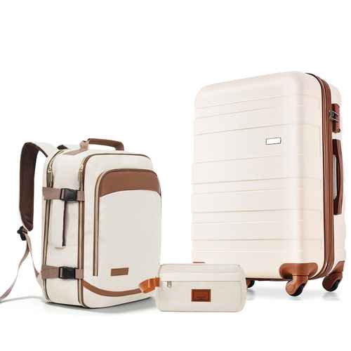 A three-piece luggage set including a hardshell suitcase, a backpack, and a small pouch, all in cream with brown accents, shown on a white background.