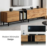 Modern minimalist TV stand design with wood and black finish, highlighting clean lines and functional storage.