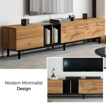 Modern minimalist TV stand design with wood and black finish, highlighting clean lines and functional storage.