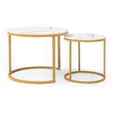 Full view of the Nesting Round Coffee Table Set with white gray tops and gold metal legs, ideal for modern and space-saving furniture setups.