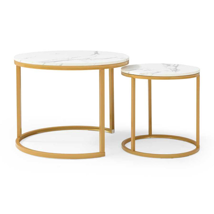 Full view of the Nesting Round Coffee Table Set with white gray tops and gold metal legs, ideal for modern and space-saving furniture setups.
