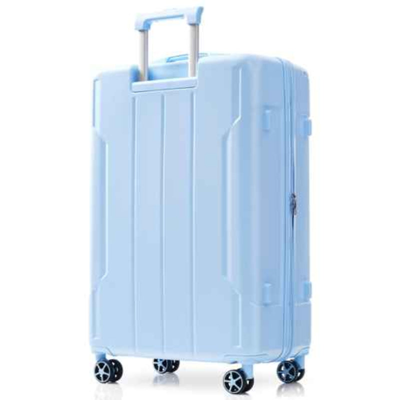 Light blue suitcase with wheels on a white background