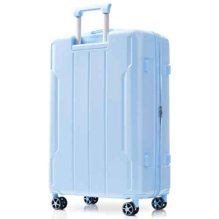 Light blue suitcase with wheels on a white background