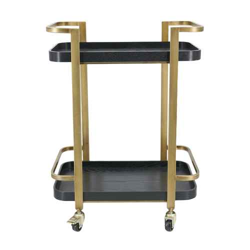 Front view of black and gold metal bar cart with two tiers, gold frame, casters, showcasing its sleek design and functionality