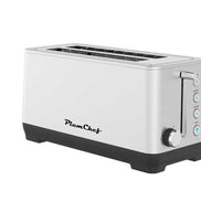 Angled view of PlumChef 4-Slice Toaster with Wide Slots, highlighting modern design, control buttons, and wide slot openings for versatile use.