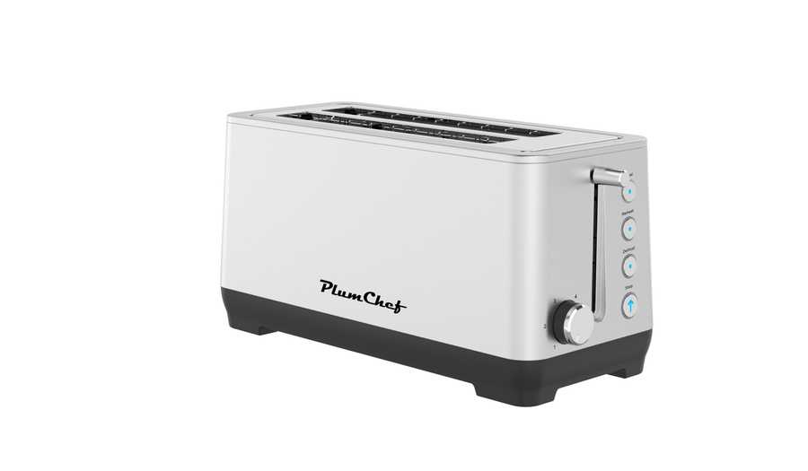 Angled view of PlumChef 4-Slice Toaster with Wide Slots, highlighting modern design, control buttons, and wide slot openings for versatile use.