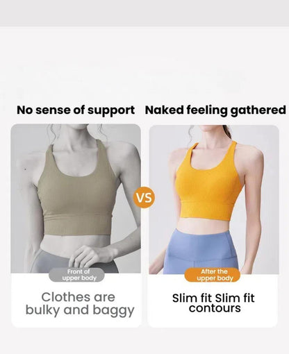 Comparison of Yoga Clothes Top - Slim Fit vs loose top, showcasing slim contour fit and gathered support for a flattering activewear look.