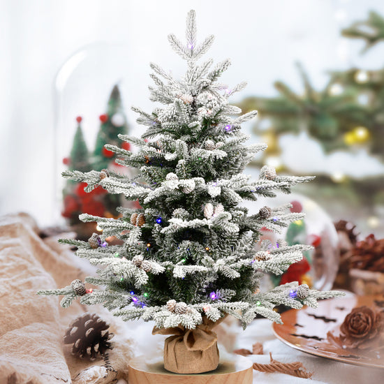 3 FT Pre-Lit Flocked Christmas Tree, Artificial Pine Tree with 100 Dual-Color LED Lights, 26 Pine Cones, 528 Tips, 31 Inch Bottom Diameter, Burlap & Cement Base for Indoor Holiday Decoration