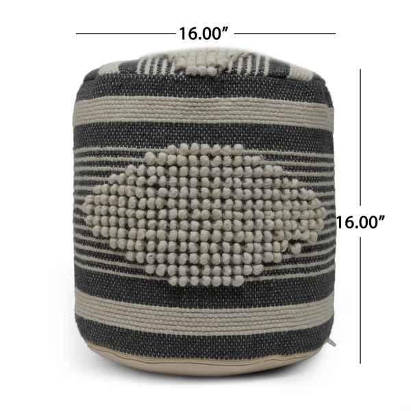 A cylindrical woven pouf or ottoman with a black and beige striped pattern and a raised beige textured center, shown on a white background with dimension lines indicating 16.00 inches in height and width.
