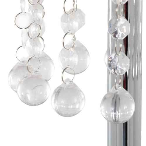 Close-up of a decorative hanging ornament with clear glass balls and silver chains on a white background.