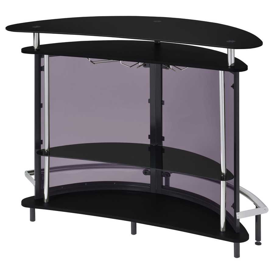 Angled rear view of black glass top home wine bar cabinet with smoked glass panels and integrated wine glass holders.