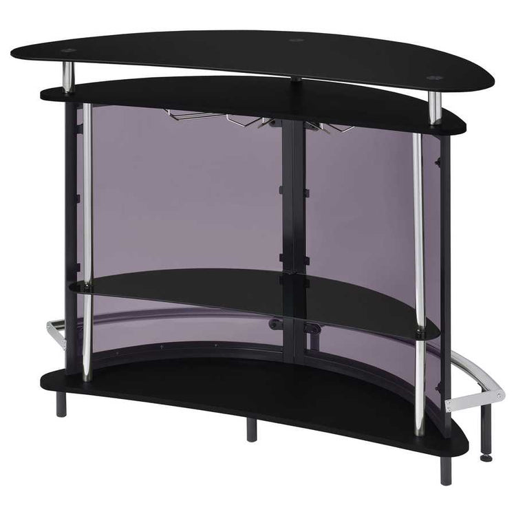 Angled rear view of black glass top home wine bar cabinet with smoked glass panels and integrated wine glass holders.