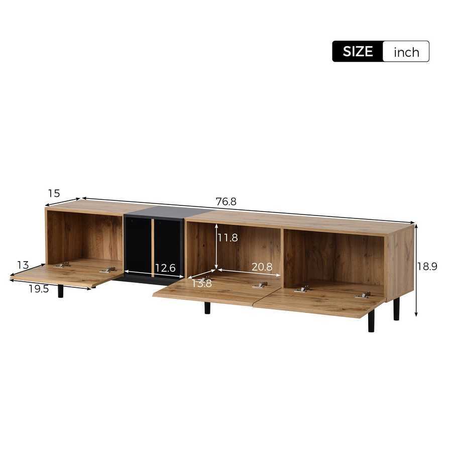 Dimension diagram of modern TV stand for 80 inch TV, showing detailed measurements of storage compartments in inches.