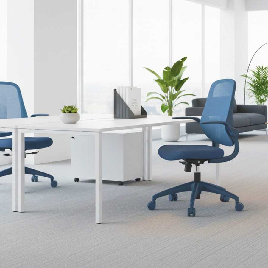 Modern office setup with blue chairs and white desks.
