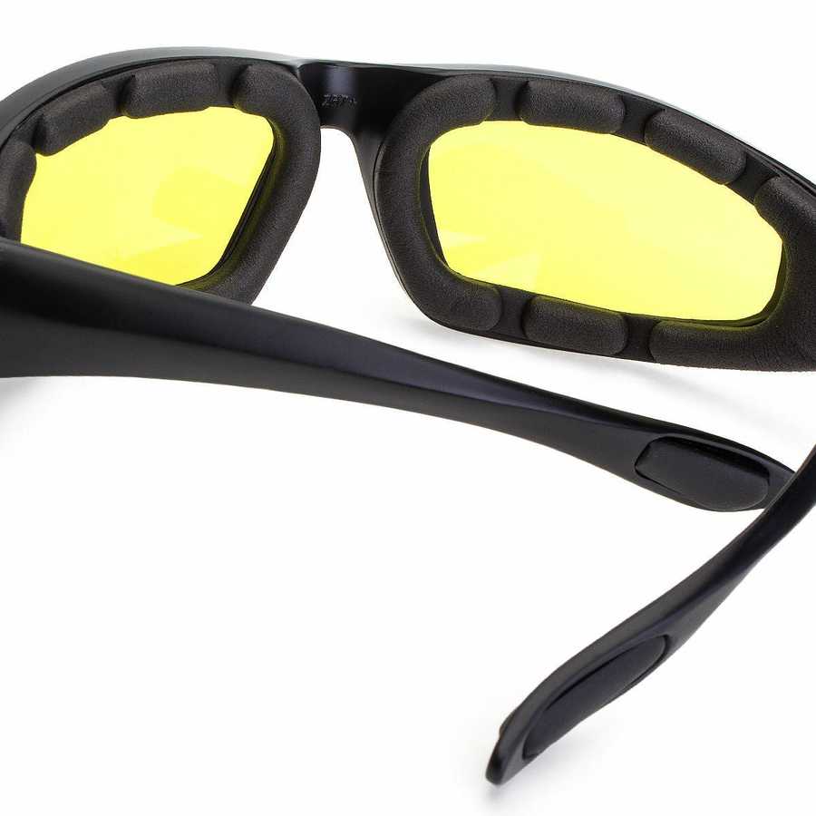 Black sunglasses with yellow lenses on a white background