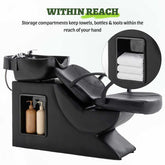 Storage cabinet with towels in salon setting