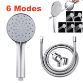 Chrome shower head set with hose and bracket, featuring six modes on a white background.