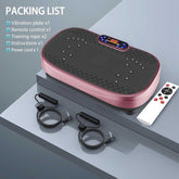 Vibration plate with remote control, training ropes, and power cord on a gray background