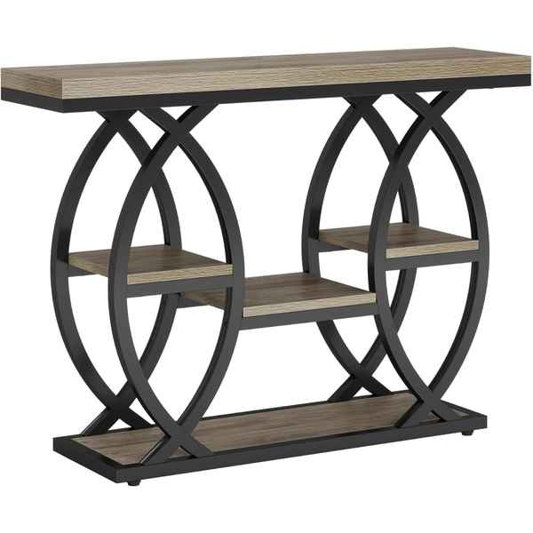 Console table with wooden top and shelves on a white background