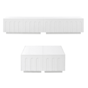 Front view of Modern TV Stand and Coffee Table Set in white, featuring minimalist arched drawer design and clean lines.