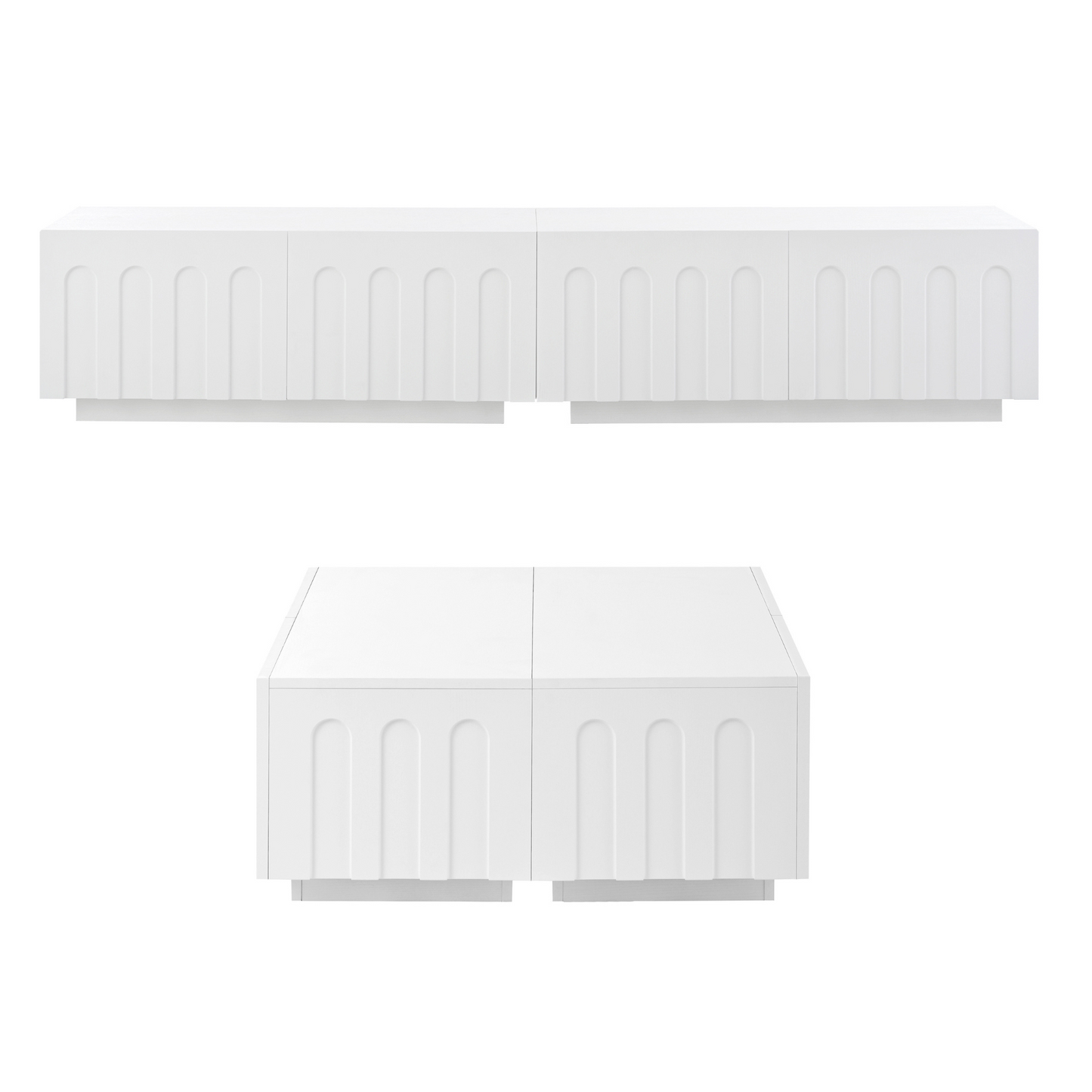Front view of Modern TV Stand and Coffee Table Set in white, featuring minimalist arched drawer design and clean lines.
