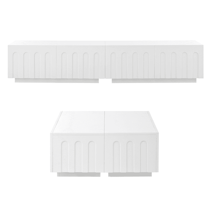 Front view of Modern TV Stand and Coffee Table Set in white, featuring minimalist arched drawer design and clean lines.