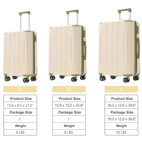 Three hard-shell spinner suitcases shown in size comparison with labeled dimensions and weights for S, M, and L. The suitcases are a warm cream/beige color with olive-green trim, set against a plain white background.