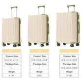 Three hard-shell spinner suitcases shown in size comparison with labeled dimensions and weights for S, M, and L. The suitcases are a warm cream/beige color with olive-green trim, set against a plain white background.