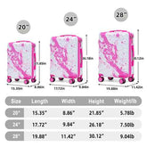 Size comparison chart of pink printed spinner luggage set showing 20, 24, and 28-inch suitcases with dimensions and weight details.