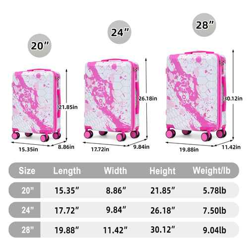 Size comparison chart of pink printed spinner luggage set showing 20, 24, and 28-inch suitcases with dimensions and weight details.