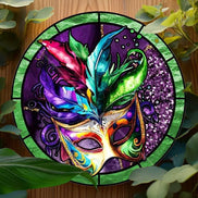 Decorative Venetian mask suncatcher with vivid feathers and green border, ideal for wall art in home or garden settings.