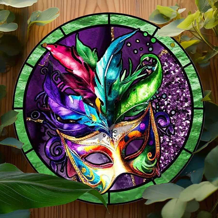 Decorative Venetian mask suncatcher with vivid feathers and green border, ideal for wall art in home or garden settings.