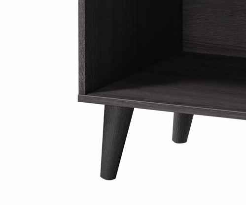 Close-up of the black wooden leg of the TV stand, showcasing tapered design and sturdy construction