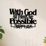 Inspirational wall art with 'With God All Things Are Possible' scripture in black iron, ideal for faith-based home decor collections.