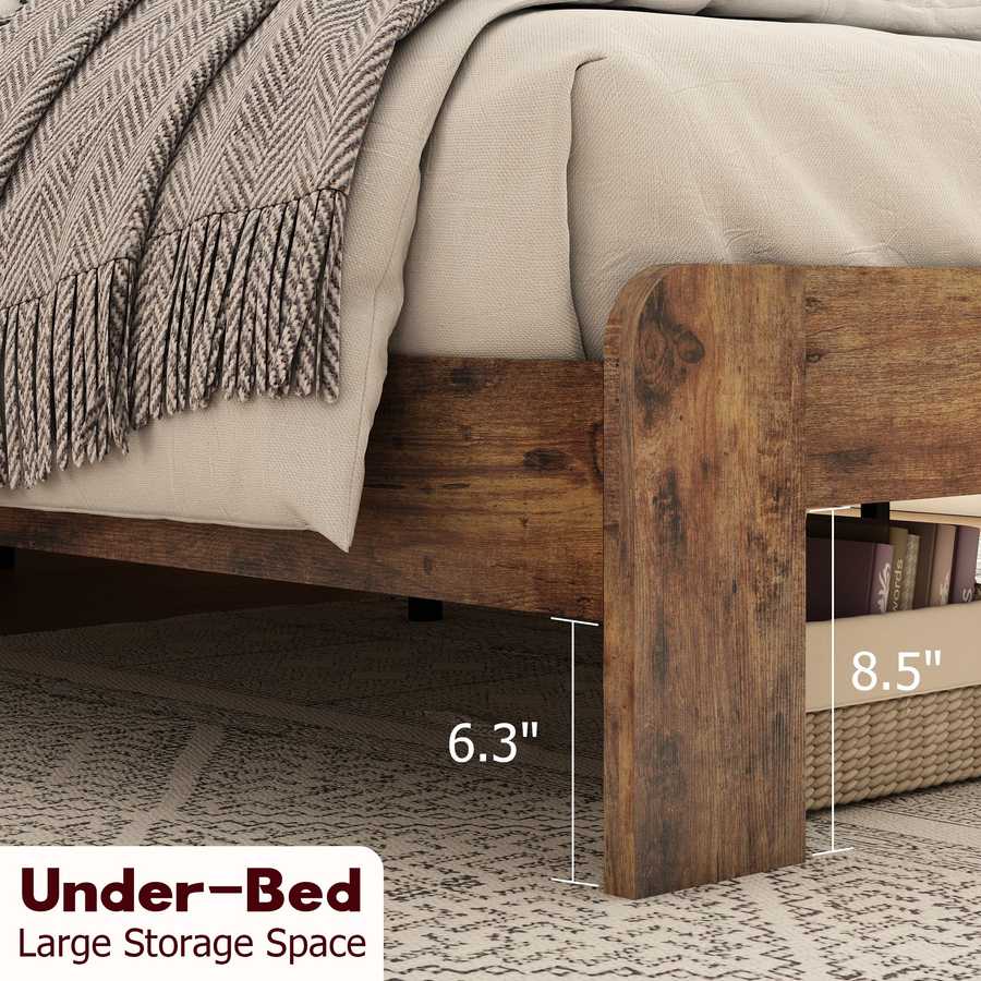 Under-bed storage space on full size wood platform bed frame, showing clearance height and storage baskets for organization.