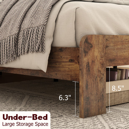 Under-bed storage space on full size wood platform bed frame, showing clearance height and storage baskets for organization.