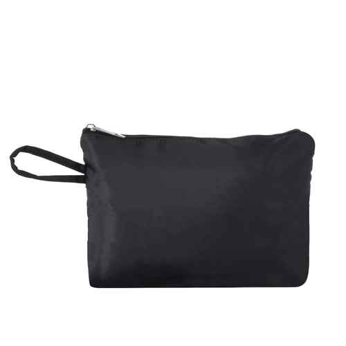 Black nylon travel pouch with zipper closure and wrist strap, ideal for organizing toiletries or small accessories during travel